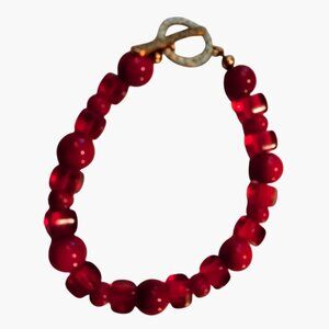 Red Beaded Bracelet Toggle Clasp 9 Inches Handmade Jewelry